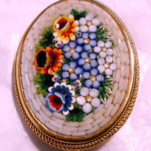 Italy Floral Mosaic Brooch with Gold Accents